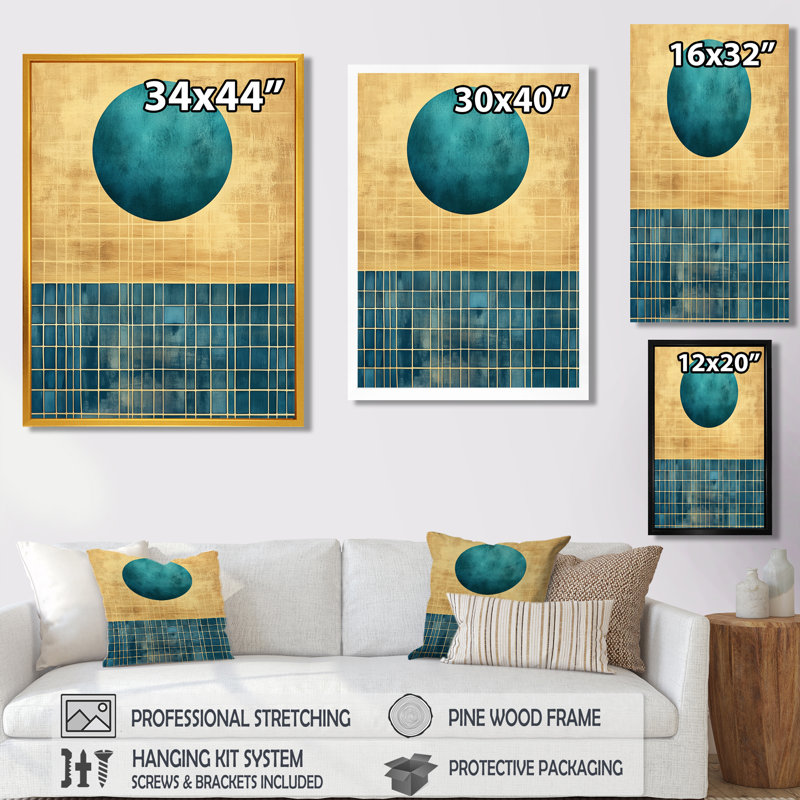 Toile bleu sarcelle, art solaire moderne Mid-Century, H 40 po x l 30 po, Cadre flottant doré