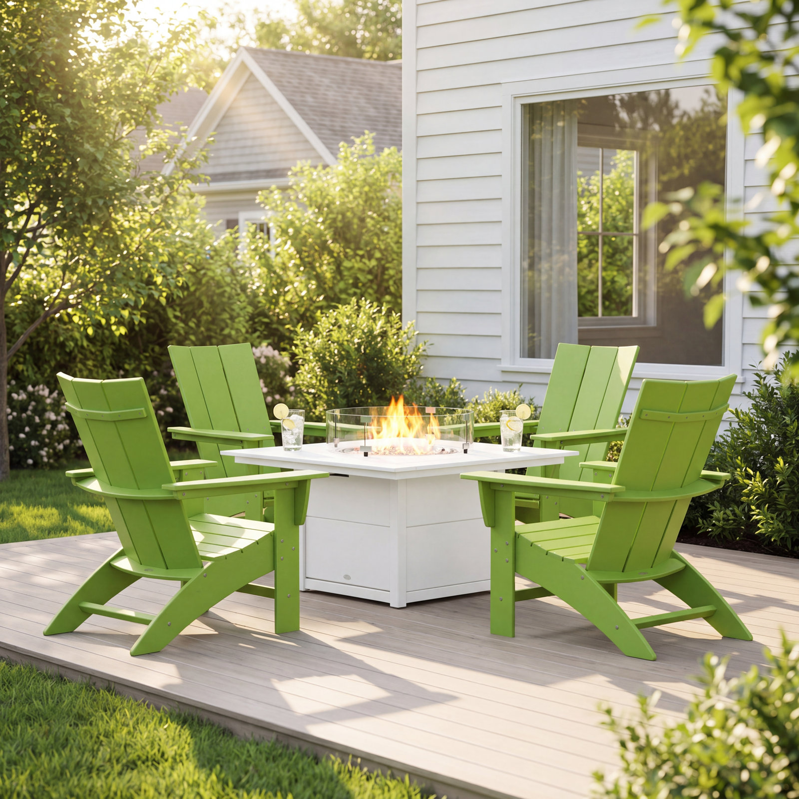 POLYWOOD® Modern Adirondack 4-Person Patio Seating Group, Lime/White