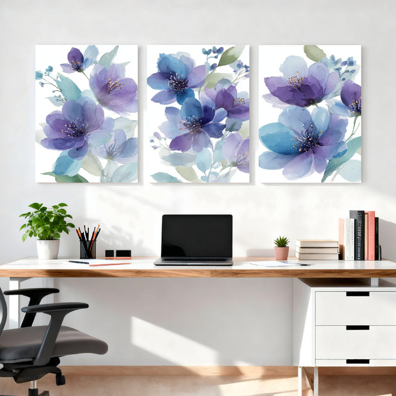 Aquarelle, fleurs bleues mauves, toile tendue, ensemble de 3 décorations murales pour salon, H 36 po x l 72 po