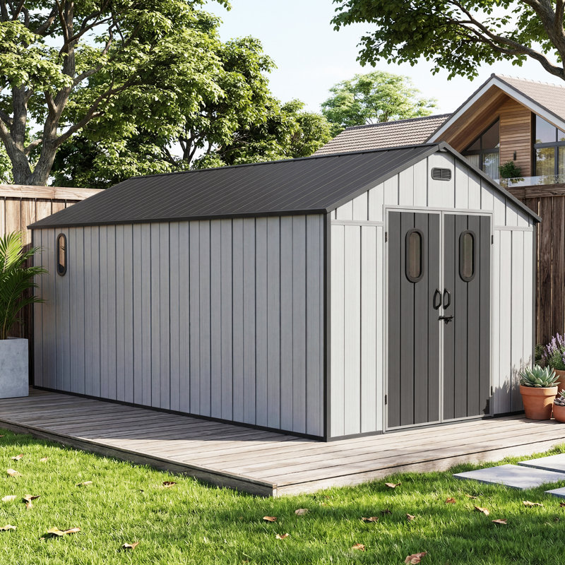 Abri de jardin portatif en plastique avec terrasse et toit en pente, 8 pi x 16 pi