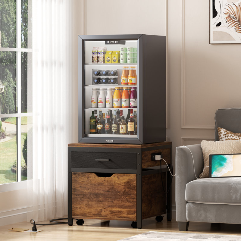 Mini Fridge Stand With Drawer Storage, Power Outlet  And Lockable Wheels, Rustic Brown