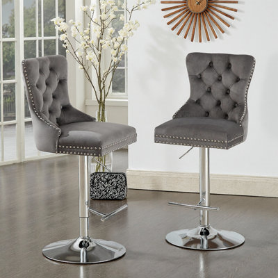Set of 2 Black Velvet Adjustable Bar Stools, Swivel Chrome Base w/ Tufted Back & Diamond Pleating, 25-33" Height