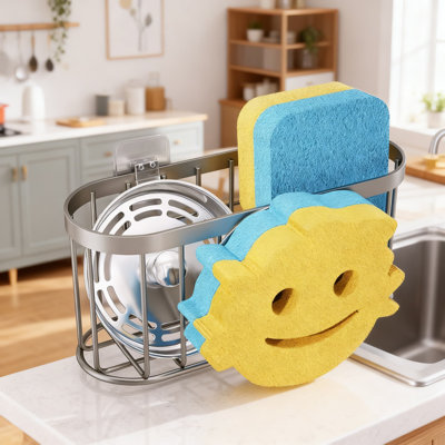 Smiley Face Sponge Holder With Removable Suction Cups & Adhesive Strips, Stainless Steel Kitchen Sink Caddy Organizer For Sponge Soap Brush, Rust-Resistant With Efficient Drainage