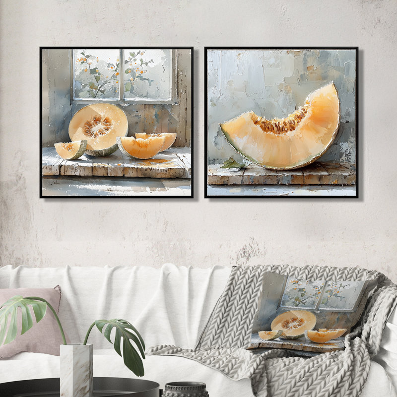 Melon dans les tons orange et gris I - Art mural Melon - Décoration murale traditionnelle 2 pièces, H 36 po x l 73 po, Noir