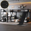 Lit superposé simple en L en métal avec lit mezzanine simple, bureau, port USB, tablettes de rangement et glissière-121885247
