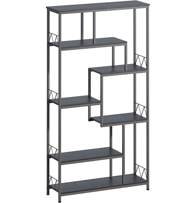 Yonda Etagere 7-Tier MDF & Metal Bookcase, Freestanding Staggered Cube Shelf with Anti-Tip Device, Black