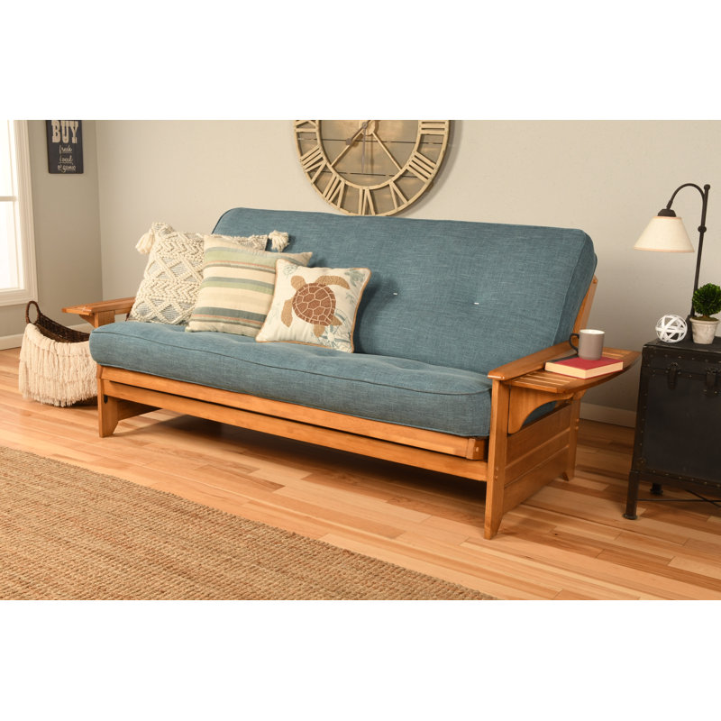 Johnte 82'' Wide Full Futon And Mattress, Butternut, Linen Aqua Microsuede, Premium Pocket Coil
