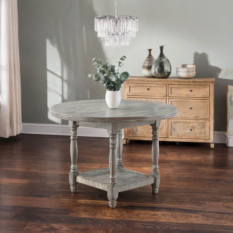 Table de salle à manger (4 couverts) avec rangement, pied central de 137 cm (54 po), finition gris pâle, conforme à la photo