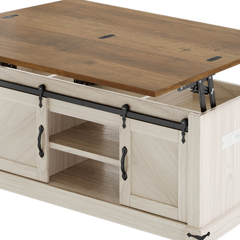 Extendable Lift Top 39.4"W Rectangular Coffee Table, Dinning Table With Sliding Barned Door Cabinet, Lifting Storage Compartment & Power Outlets