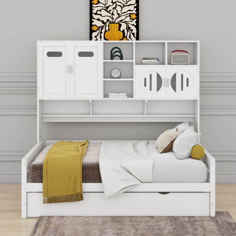 Lit de jour en bois avec lit gigogne et armoire et tablette tout-en-un, Lit double, Gris