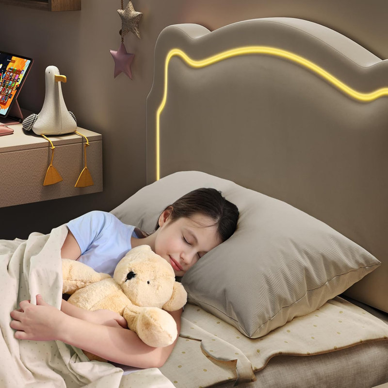 Structure de lit simple à DEL avec tête de lit tapissier réglable, plateforme en velours pour enfants, silencieuse et facile à assembler