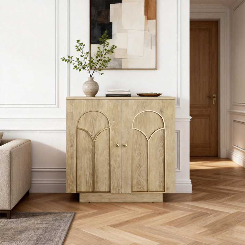 30,3 po Armoire de rangement avec 1 tablette et garniture dorée Accent Cabinet Office, Arche décorative, Chêne clair