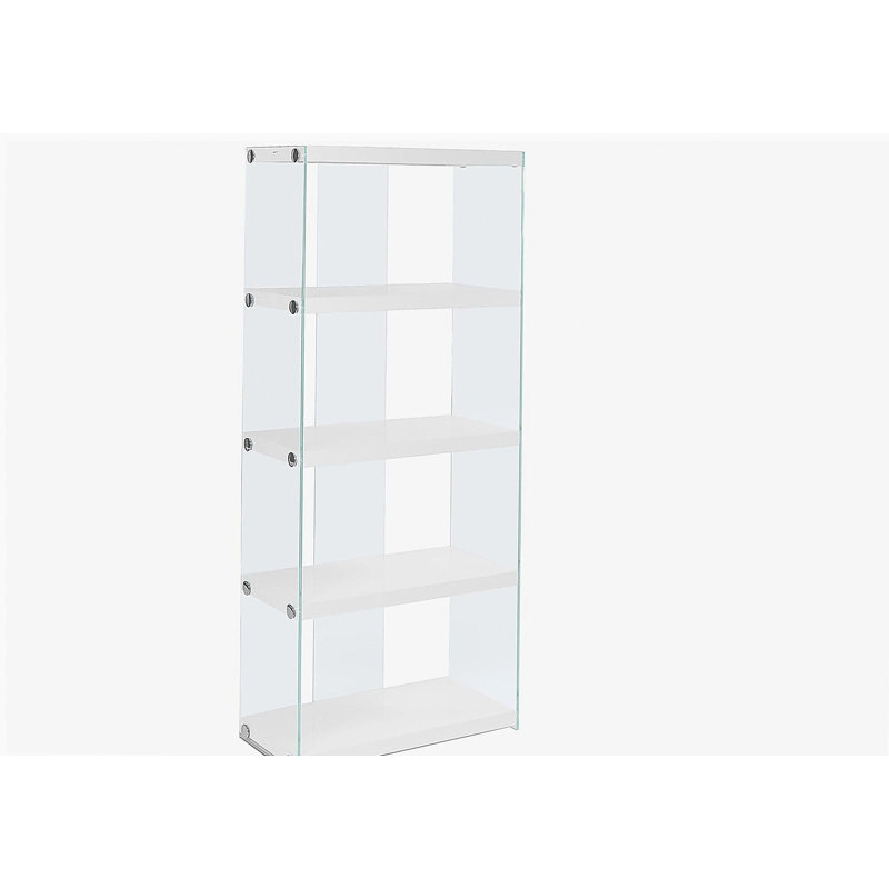 Bibliothèque blanche à 5 couches avec panneaux latéraux en verre trempé transparent, bibliothèque moderne, idéale pour la maison ou le bureau
