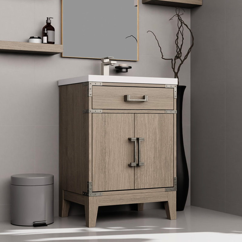 Meuble-lavabo simple en chêne gris avec comptoir en acrylique, 18 po Miroir, robinet de meuble-lavabo 24 po x P, robinet, miroir