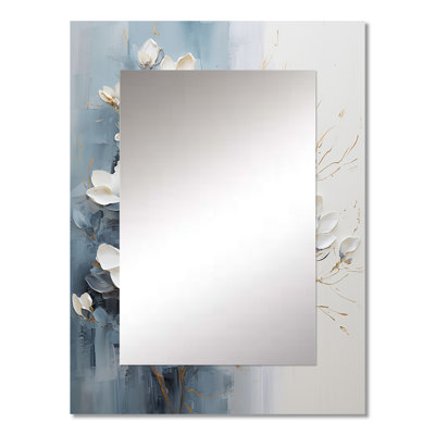 Blue And White Painted Magnolias II - Magnolias Wall Mirror, Traditional Decorative Mirror, Printed Metal Art