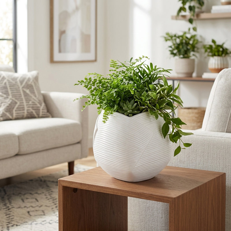 Planter Stoneware Textured Modern Design Indoor Outdoor Home Garden Decor Container - 7" White