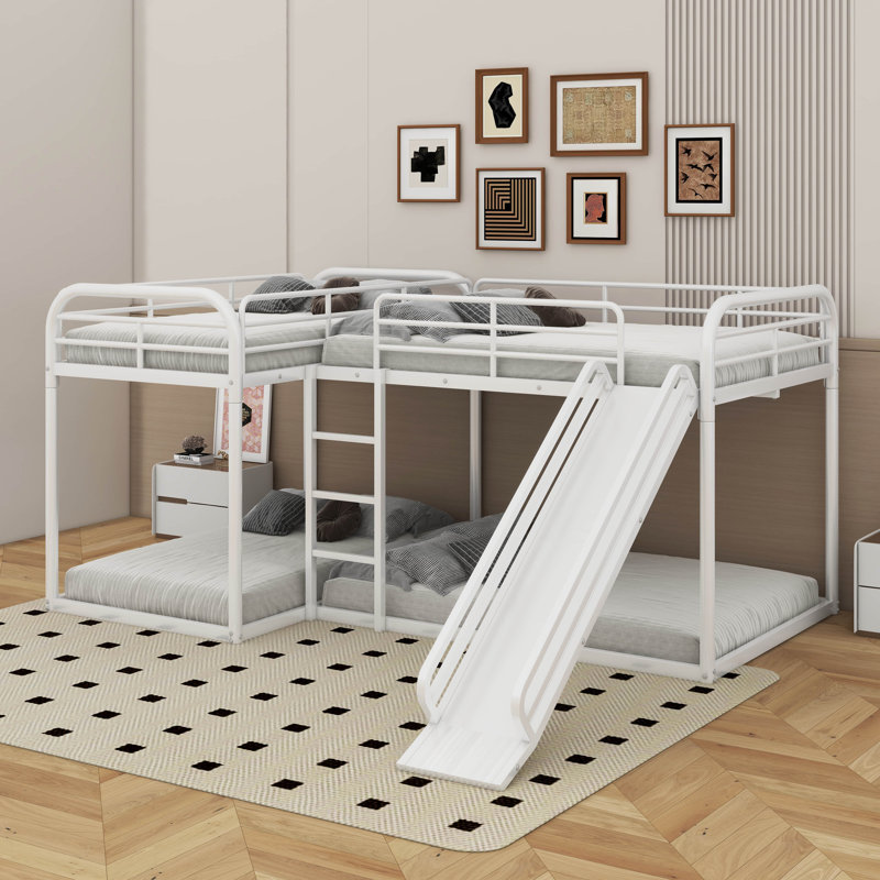 Lit superposé en L pour lit double et simple avec glissière et échelle courte, Blanc