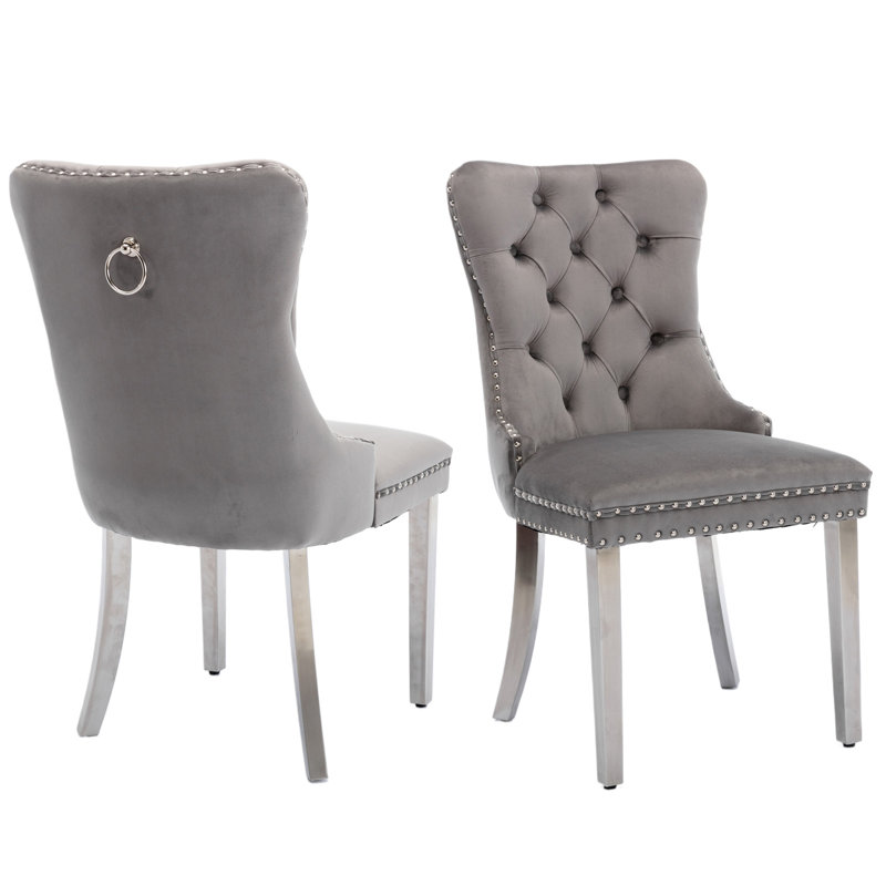 Chaise de salle à manger en velours avec anneau à dossier et pieds en bois massif, 2, Gris, Argent argent