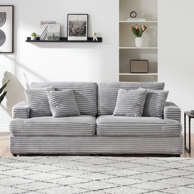 Velours côtelé 90,11 "à 3 places avec 4 coussins décoratifs gris, moderne et confortable, tissu, pieds en plastique, facile à assembler pour les espaces de bureau gris, style minimaliste, différentes postures confortables, non