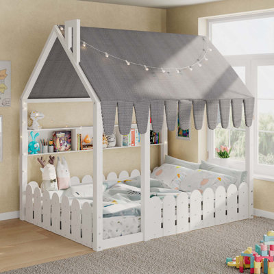(Les lattes ne sont pas incluses) Lit en bois avec rampes, tente, lumières et 3 tablettes de rangement pour enfants