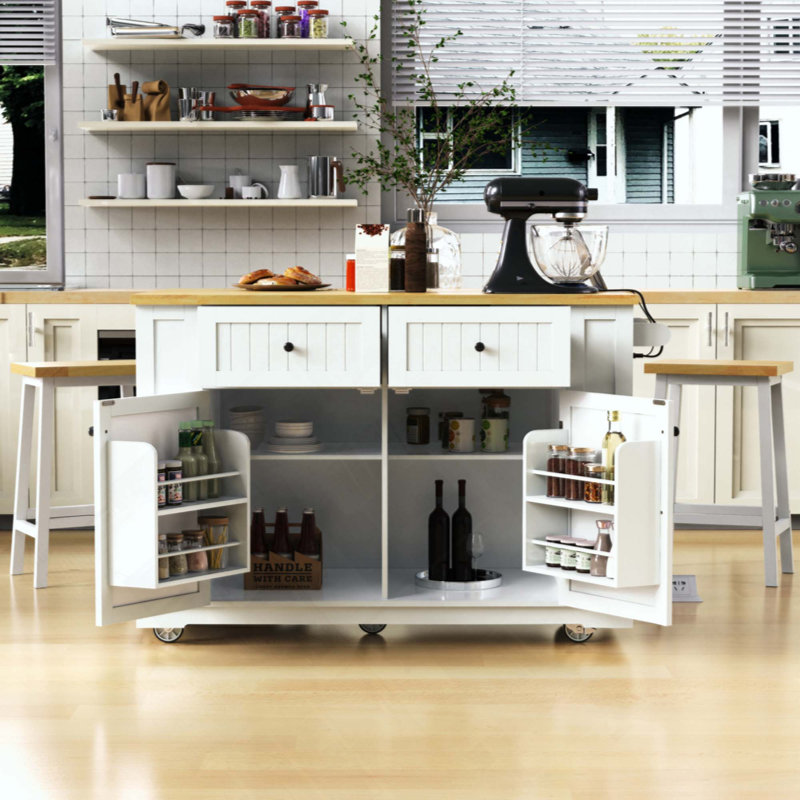 Kitchen Island With Drop Leaf,Power Outlet,Internal Storage Rack,Rolling Kitchen Storage Cart On 5 Wheels With 5 Open Side Racks For Kitchen (Two Packages)(Not Include Stools)