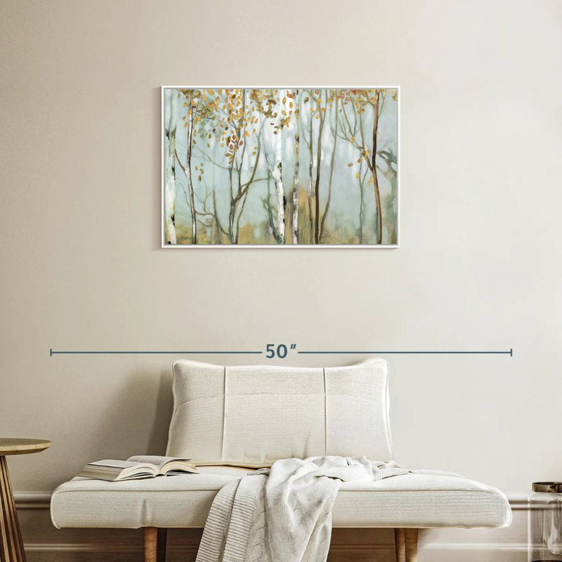 Bouleau dans le brouillard II, Cadre flottant blanc, 31 po x 21 po