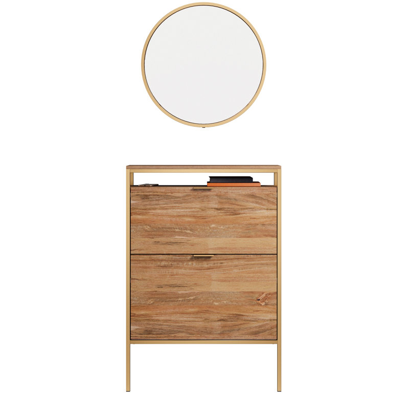 Armoire à chaussures murale brune avec miroir pour le vestibule, conception peu encombrante, structure en métal, compartiments dissimulés inclinables, assemblage rapide, tablette et quatre crochets derrière le miroir, option petite entrée