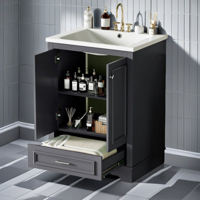 Meuble-lavabo 24 po avec lavabo en céramique, armoire de rangement autoportante moderne avec poignées argentées, portes à fermeture douce
