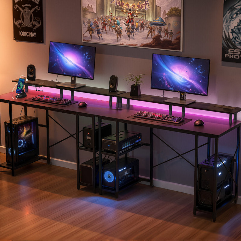 47 inch Computer Desk with Smart LED Light Power Outlets Reversible Home