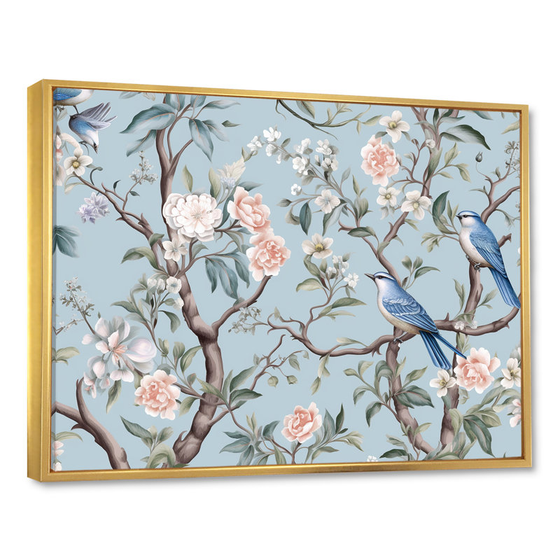 Chinoiserie, oiseaux et pivoines - art mural oiseau, Cadre flottant doré, H 34 po x l 44 po x P 1,5 po