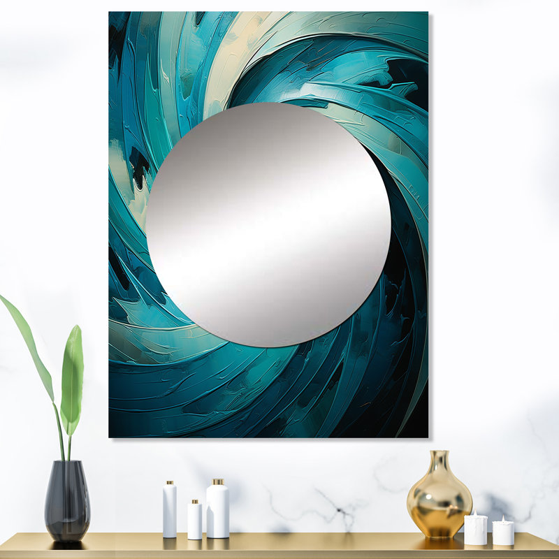 Timone Teal Majestic Motion II - Abstract Spirals Unique Wall Mirror, Blue Mirror, Printed Metal Art, 40" x 30"
