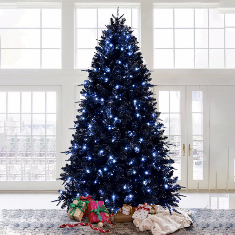 Arbre de Noël 7,5 pi noir avec 500 lumières à DEL blanches, arbre artificiel en PE + PVC 2156 pointes, structure à charnière avec support en métal stable