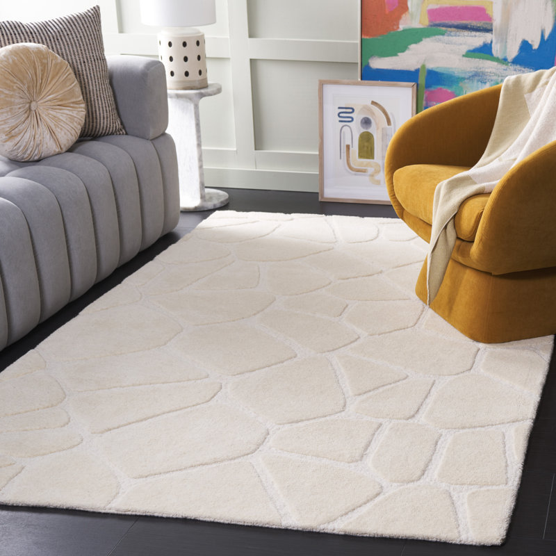 Bigelow Solid Color Hand Tufted Wool Area Rug in Ivory, Rectangle 5' x 8'