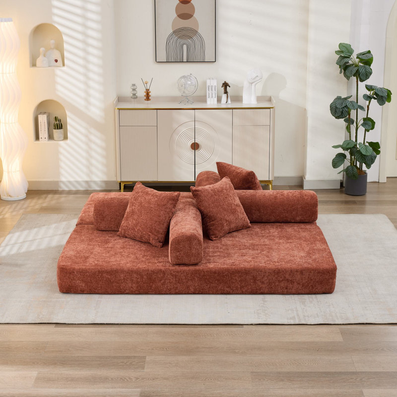 Modern Chenille Futon Sofa Bed With Pillows, Orange Chenille
