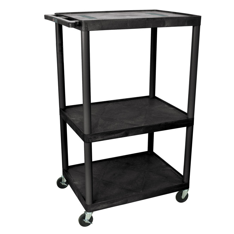 Black Plastic Three-Shelf AV Cart with Electric Outlets
