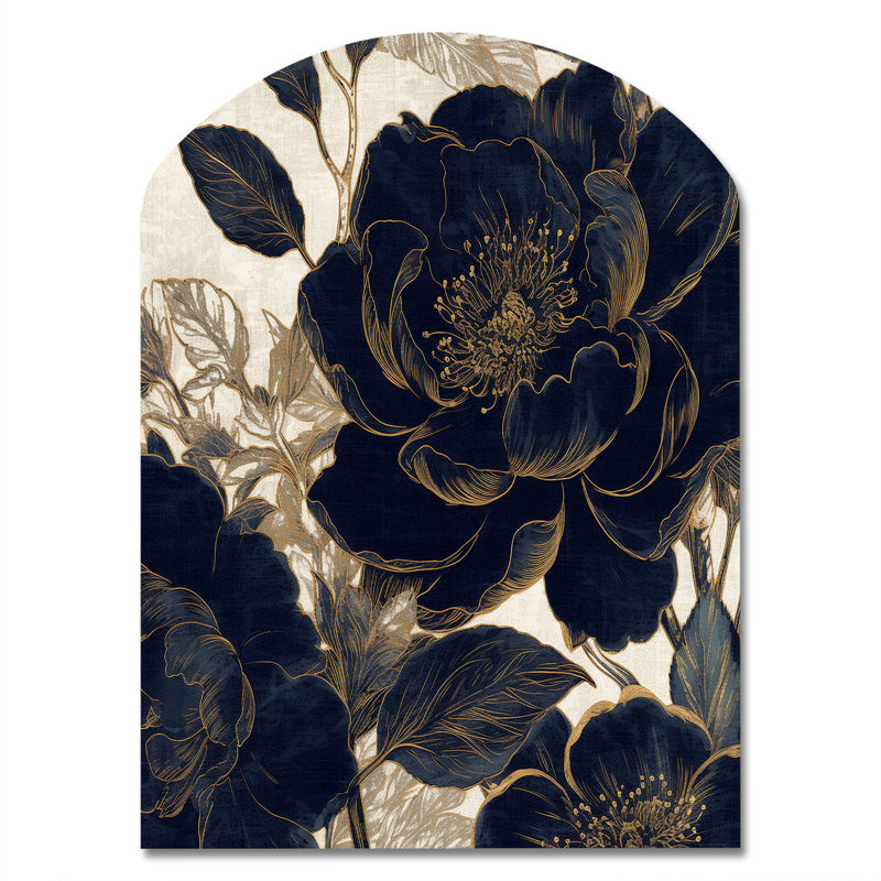 «Blue Gold Pe pivons Celebration I», art mural pivoines en arc, reproduction de sculpture murale asymétrique en métal
