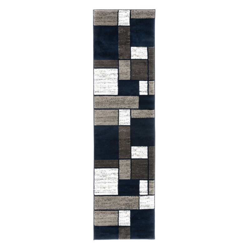 Mehul Woven Geometric Navy/Gray/White Area Rug – Modern, Durable Polypropylene, Medium Pile for Living Room, Bedroom, and Office