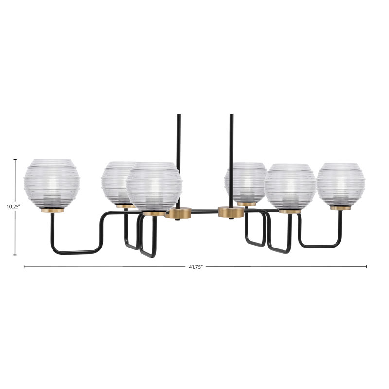 Luminaire pour îlot de cuisine 6 lumières Amarmula, noir mat et laiton nouvel âge, verre strié transparent de 6 po, Clair