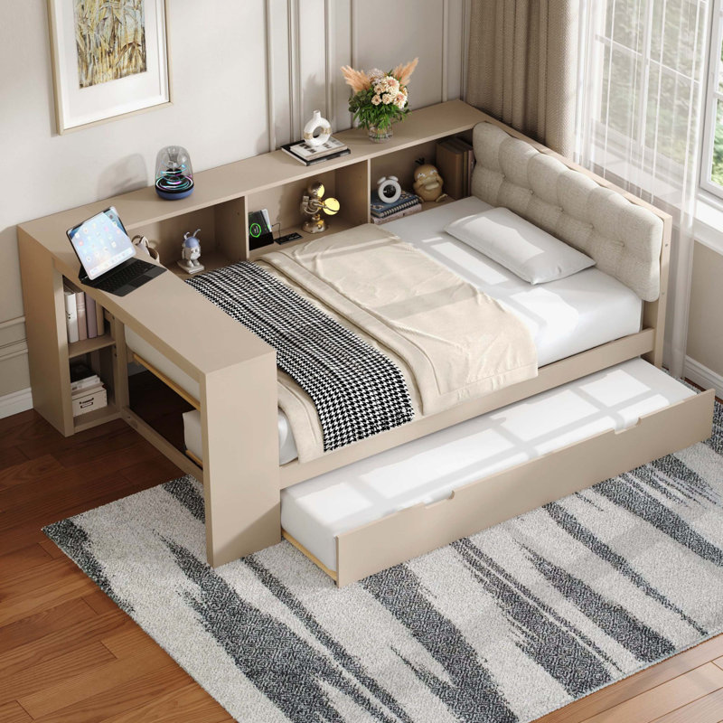 Lit plateforme simple en bois avec tablettes de rangement, lit gigogne, station de charge et tête de lit tapissier, crème