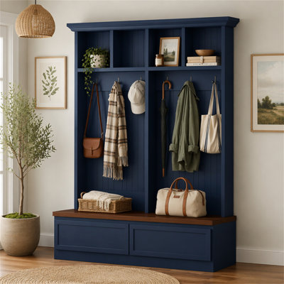 Arbre d'entrée 4 en 1 avec banc à grain de bois Farmhouse, portemanteau polyvalent avec 2 grands tiroirs, organisateur d'entrée pour le couloir et le salon, l 55,9 po