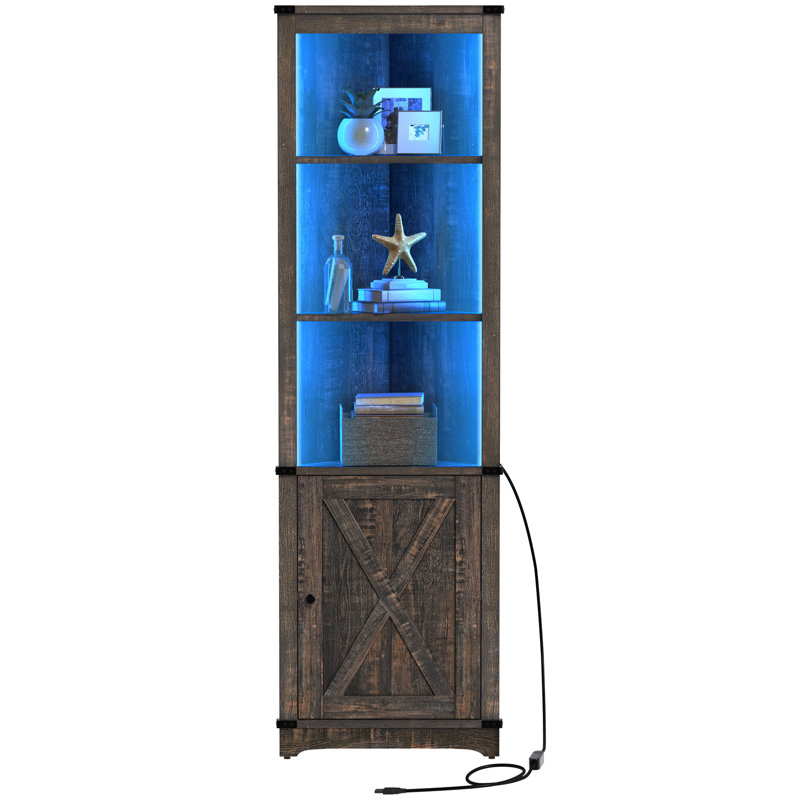 Aspenn 67" H Corner Bookcase with LED Light, Corner Storage Cabinet with Adjustable Shelf, Retro Wood