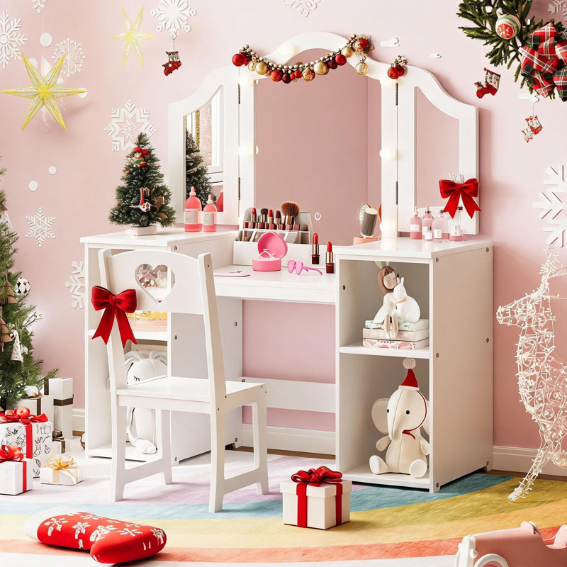 Kids Vanity Set with Chair and Touch Light Mirror Detachable Makeup Table with Storage Shelves for Girls, White