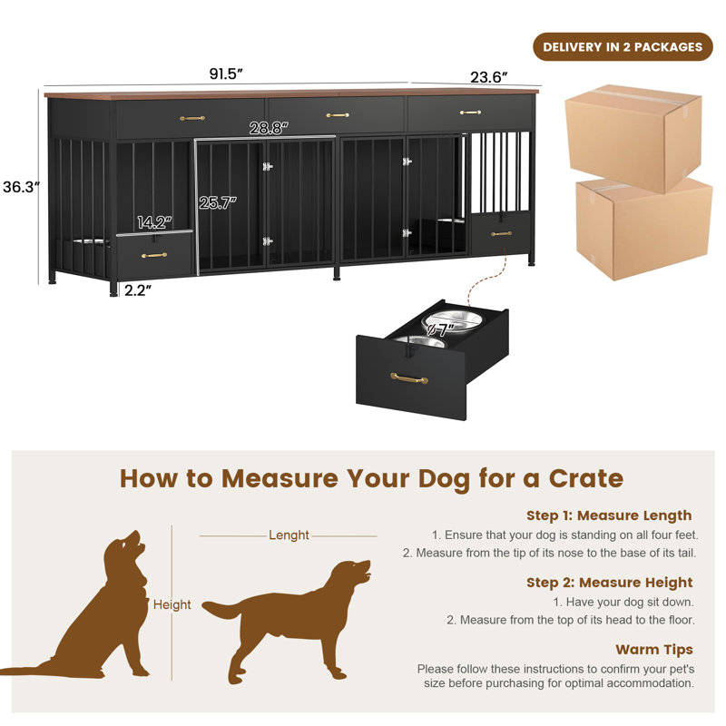91.5" Large Wooden Dog Crate Furniture - Double Pet Kennel TV Stand With 3 Drawers & Removable Feeder Bowls - Indoor House For Small, Medium, Large Dogs – Black