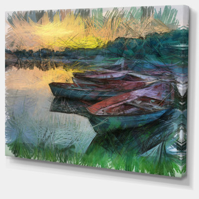 " Fishing Boats By River Watercolor "