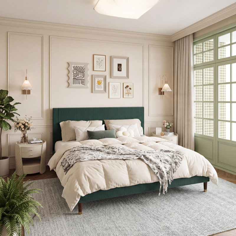 Base de lit plateforme très grand, cadre de lit très grand moderne avec tête de lit tapissier et support à lattes en métal robuste, aucun sommier requis, assemblage facile, vert