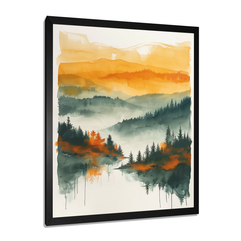 Orange vert forêt sauvage au coucher du soleil II - forêt, art mural salon, Cadre simple noir, bois massif, H 32 po x l 24 po