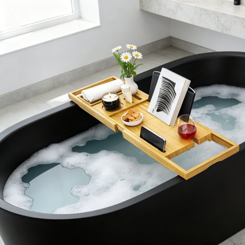Natural Bamboo Expandable Bathtub Tray Caddy Adjustable Foldable