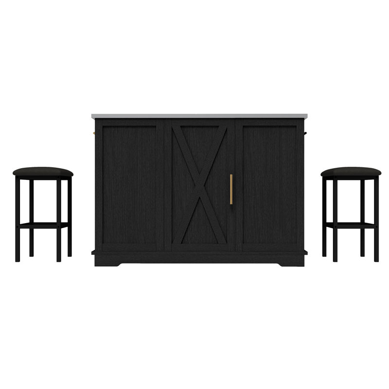  Ensemble d'îlot de cuisine roulant avec poubelle, comptoir en acier inoxydable, abattant, 2 tabourets de bar, Noir