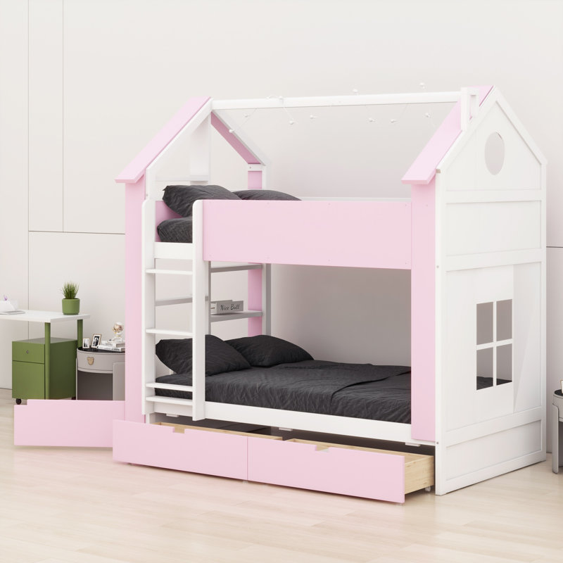 Lit superposé en forme de maison de rêve avec tiroirs, étagères et bande lumineuse intégrés, Blanc + rose