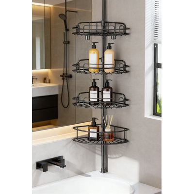 Poteau de tension pour chariot de douche - Organisateur de coin de salle de bain à 4 niveaux antirouille, support de rangement réglable sans perceuse pour les locataires